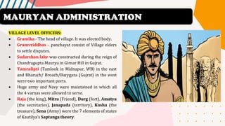 VILLAGE LEVEL OFFICERS:
• Gramika - The head of village. It was elected body.
• Gramvriddhas – panchayat consist of Village elders
to settle disputes.
• Sudarshan lake was constructed during the reign of
Chandragupta Maurya in Girnar Hill in Gujrat.
• Tamralipti (Tamlook in Midnapur, WB) in the east
and Bharuch/ Broach/Barygaza (Gujrat) in the west
were two important ports.
• Huge army and Navy were maintained in which all
the 4 varnas were allowed to serve.
• Raja (the king), Mitra (Friend), Durg (fort), Amatya
(the secretaries), Janapada (territory), Kosha (the
treasure), Sena (Army) were the 7 elements of states
of Kautilya’s Saptanga theory.
MAURYAN ADMINISTRATION
 