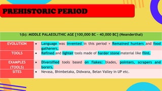 1(b): MIDDLE PALAEOLITHIC AGE [100,000 BC – 40,000 BC] (Neanderthal)
EVOLUTION • Language was invented in this period + Remained hunters and food
gatherers.
TOOLS • Refined and lighter tools made of harder stone material like flint.
EXAMPLES
(TOOLS)
• Diversified tools based on flakes: blades, pointers, scrapers and
borers.
SITES • Nevasa, Bhimbetaka, Didwana, Belan Valley in UP etc.
PREHISTORIC PERIOD
 