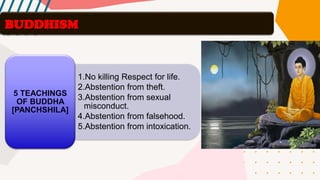 BUDDHISM
1.No killing Respect for life.
2.Abstention from theft.
3.Abstention from sexual
misconduct.
4.Abstention from falsehood.
5.Abstention from intoxication.
5 TEACHINGS
OF BUDDHA
[PANCHSHILA]
 