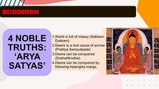 BUDDHISM
1.World is full of misery (Sabbam
Dukkam)
2.Desire is a root cause of sorrow
(Pratitya Samputpada)
3.Desire can be conquered
(DukhaNirodha)
4.Desire can be conquered by
following Astangika marga.
4 NOBLE
TRUTHS:
‘ARYA
SATYAS’
 