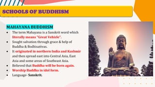SCHOOLS OF BUDDHISM
MAHAYANA BUDDHISM
• The term Mahayana is a Sanskrit word which
literally means "Great Vehicle".
• Sought salvation through grace & help of
Buddha & Bodhisattvas.
• It originated in northern India and Kashmir
and then spread east into Central Asia, East
Asia and some areas of Southeast Asia.
• Believed that Buddha will be born again.
• Worship Buddha in idol form.
• Language- Sanskrit.
 