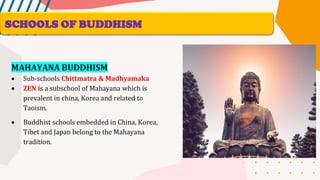 SCHOOLS OF BUDDHISM
MAHAYANA BUDDHISM
• Sub-schools Chittmatra & Madhyamaka
• ZEN is a subschool of Mahayana which is
prevalent in china, Korea and related to
Taoism.
• Buddhist schools embedded in China, Korea,
Tibet and Japan belong to the Mahayana
tradition.
 
