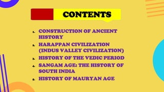 CONTENTS
1. CONSTRUCTION OF ANCIENT
HISTORY
2. HARAPPAN CIVILIZATION
(INDUS VALLEY CIVILIZATION)
3. HISTORY OF THE VEDIC PERIOD
4. SANGAM AGE: THE HISTORY OF
SOUTH INDIA
5. HISTORY OF MAURYAN AGE
 
