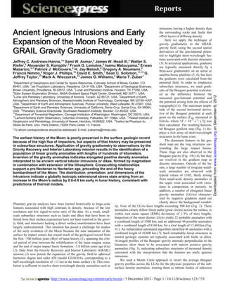 Reports 


Ancient Igneous Intrusions and Early
                                                                                                               intrusions having a higher density than
                                                                                                               the surrounding rocks and faults that
                                                                                                               offset layers of differing density.

Expansion of the Moon Revealed by                                                                                   Here we apply the technique of
                                                                                                               gravity gradiometry to the GRAIL

GRAIL Gravity Gradiometry
                                                                                                               gravity field, using the second spatial
                                                                                                               derivatives of the gravitational poten-
                                                                                                               tial to highlight short-wavelength fea-
                                       1                      2                          3                     tures associated with discrete structures
Jeffrey C. Andrews-Hanna, * Sami W. Asmar, James W. Head III, Walter S.                                        (5). In terrestrial applications, gradients
          4                                2                         5                          6
Kiefer, Alexander S. Konopliv, Frank G. Lemoine, Isamu Matsuyama, Erwan                                        are typically measured directly by a
              5,7                             4                    8                               5
Mazarico, Patrick J. McGovern, H. Jay Melosh, Gregory A. Neumann,                                              three-axis gradiometer on an aerial or
                       9                       10                     7                         11,12
Francis Nimmo, Roger J. Phillips, David E. Smith, Sean C. Solomon,                                    G.       satellite-borne platform (5, 6), but here
Jeffrey Taylor,13 Mark A. Wieczorek,14 James G. Williams,2 Maria T. Zuber7                                     the gradients were calculated from the
1
 Department of Geophysics and Center for Space Resources, Colorado School of Mines, Golden, CO                 potential field. In order to emphasize
              2                                                       3
80401, USA. Jet Propulsion Laboratory, Pasadena, CA 91109, USA. Department of Geological Sciences,             subsurface structures, we used gradi-
                                                4
Brown University, Providence, RI 02912, USA. Lunar and Planetary Institute, Houston, TX 77058, USA.            ents of the Bouguer potential (calculat-
5
 Solar System Exploration Division, NASA Goddard Space Flight Center, Greenbelt, MD 20771, USA.                ed as the difference between the
6                                                                                 7




                                                                                                                                                             Downloaded from www.sciencemag.org on December 8, 2012
 Lunar and Planetary Laboratory, University of Arizona, Tucson, AZ 85721, USA. Department of Earth,            measured gravitational potential and
Atmospheric and Planetary Sciences, Massachusetts Institute of Technology, Cambridge, MA 02139–4307,           the potential arising from the effects of
      8
USA. Department of Earth and Atmospheric Sciences, Purdue University, West Lafayette, IN 47907, USA.
9                                                                                                              topography) (4). The maximum ampli-
 Department of Earth and Planetary Sciences, University of California, Santa Cruz, Santa Cruz, CA 95064,
      10
USA. Planetary Science Directorate, Southwest Research Institute, Boulder, CO 80302, USA.                      tude of the second horizontal deriva-
11
  Department of Terrestrial Magnetism, Carnegie Institution of Washington, Washington, DC 20015, USA.          tive of the Bouguer potential at each
12                                                                                     13
  Lamont-Doherty Earth Observatory, Columbia University, Palisades, NY 10964, USA. Hawaii Institute of         point on the surface [Γhh, measured in
                                                                             14
Geophysics and Planetology, University of Hawaii, Honolulu, HI 96822, USA. Institut de Physique du             Eötvös, where 1E = 10−9 s−2; (7)] was
Globe de Paris, Univ. Paris Diderot, 75205 Paris Cedex 13, France.                                             then calculated. The resulting horizon-
*To whom correspondence should be addressed. E-mail: jcahanna@mines.edu                                        tal Bouguer gradient map (Fig. 1) dis-
                                                                                                               plays a rich array of short-wavelength
The earliest history of the Moon is poorly preserved in the surface geologic record                            structures in the lunar crust.
because of the high flux of impactors, but aspects of that history may be preserved                                 The dominant features in the gra-
in subsurface structures. Application of gravity gradiometry to observations by the                            dient map are the ring structures sur-
Gravity Recovery and Interior Laboratory mission results in the identification of a                            rounding the large impact basins.
population of linear gravity anomalies with lengths of hundreds of kilometers.                                 These rings are also observed in the
Inversion of the gravity anomalies indicates elongated positive density anomalies                              Bouguer gravity (Fig. 1A) (4), but they
interpreted to be ancient vertical tabular intrusions or dikes, formed by magmatism                            are resolved in the gradient map as
in combination with extension of the lithosphere. Crosscutting relationships                                   discrete structures. Outside of the ba-
support a pre-Nectarian to Nectarian age, preceding the end of the heavy                                       sins, a large number of irregular small-
bombardment of the Moon. The distribution, orientation, and dimensions of the                                  scale anomalies are observed with
intrusions indicate a globally isotropic extensional stress state arising from an                              typical values of ±10E, likely arising
increase in the Moon’s radius by 0.6-4.9 km early in lunar history, consistent with                            from small-scale density anomalies in
predictions of thermal models.                                                                                 the upper crust associated with varia-
                                                                                                               tions in composition or porosity. In
                                                                                                               addition, a number of elongated linear
                                                                                                               gravity anomalies (LGAs) character-
                                                                                                               ized by negative gradients stand out
                                                                                                               clearly above the background variabil-
Planetary gravity analyses have been limited historically to large-scale
                                                                              ity. Four of the LGAs have lengths exceeding 500 km (Fig. 2). These
features associated with high contrasts in density, because of the low
                                                                              anomalies closely follow linear paths (great circles) across the surface, to
resolution and low signal-to-noise ratio of the data. As a result, small-
                                                                              within root mean square (RMS) deviations of 1-3% of their lengths.
scale subsurface structures such as faults and dikes that have been in-
                                                                              Inspection of the most distinct LGAs yields 22 probable anomalies with
ferred from their surface expressions have not been resolved in the gravi-
                                                                              a combined length of 5300 km, and an additional 44 possible anomalies
ty field, and structures lacking a direct surface manifestation have been
                                                                              with a combined length of 8160 km, for a total length of 13,460 km (Fig.
largely undocumented. This situation has posed a challenge for studies
                                                                              1C). An independent automated algorithm identified 46 anomalies with a
of the early evolution of the Moon because the near saturation of the
                                                                              combined length of 10,600 km (7). Such remarkably linear structures in
surface by impact craters has erased much of the geological record from
                                                                              natural geologic systems are typically associated with faults or dikes.
the first ~700 million years (Myr) of lunar history (1), spanning the criti-
                                                                              Averaged profiles of the Bouguer gravity anomaly perpendicular to the
cal period of time between the solidification of the lunar magma ocean
                                                                              lineations show them to be associated with narrow positive gravity
and the end of major impact basin formation ~3.8 billion years ago (Ga)
                                                                              anomalies (Fig. 3), indicating subsurface structures of increased density
(2). Data from the Gravity Recovery and Interior Laboratory (GRAIL)
                                                                              consistent with the interpretation that the features are mafic igneous
mission (3) now permit the expansion of the gravity field to spherical
                                                                              intrusions.
harmonic degree and order 420 (model GL0420A), corresponding to a
                                                                                    We used a Monte Carlo approach to invert the average Bouguer
half-wavelength resolution of ~13 km at the lunar surface (4). This reso-
                                                                              gravity profiles across the LGAs for the physical properties of the sub-
lution is sufficient to resolve short-wavelength density anomalies such as
                                                                              surface density anomalies, treating them as tabular bodies of unknown


                            / http://www.sciencemag.org/content/early/recent / 5 December 2012 / Page 1 / 10.1126/science.1231753
 