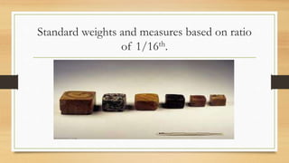 Standard weights and measures based on ratio
of 1/16th.
 