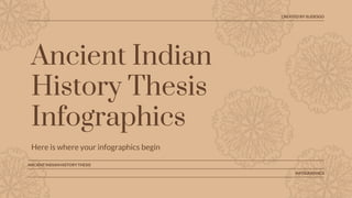 Ancient Indian
History Thesis
Infographics
Here is where your infographics begin
CREATED BY SLIDESGO
ANCIENTINDIANHISTORYTHESIS
INFOGRAPHICS
 