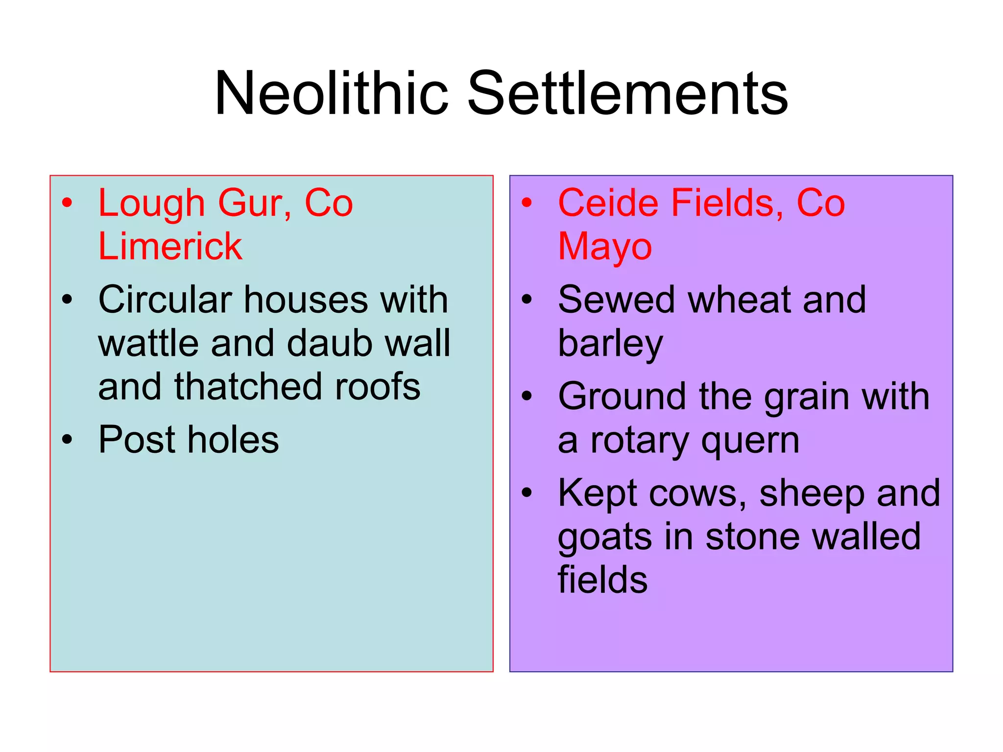 Neolithic Settlements Lough Gur, Co Limerick Circular houses with wattle and daub wall and thatched roofs Post holes  Ceide Fields, Co Mayo Sewed wheat and barley Ground the grain with a rotary quern Kept cows, sheep and goats in stone walled fields 
