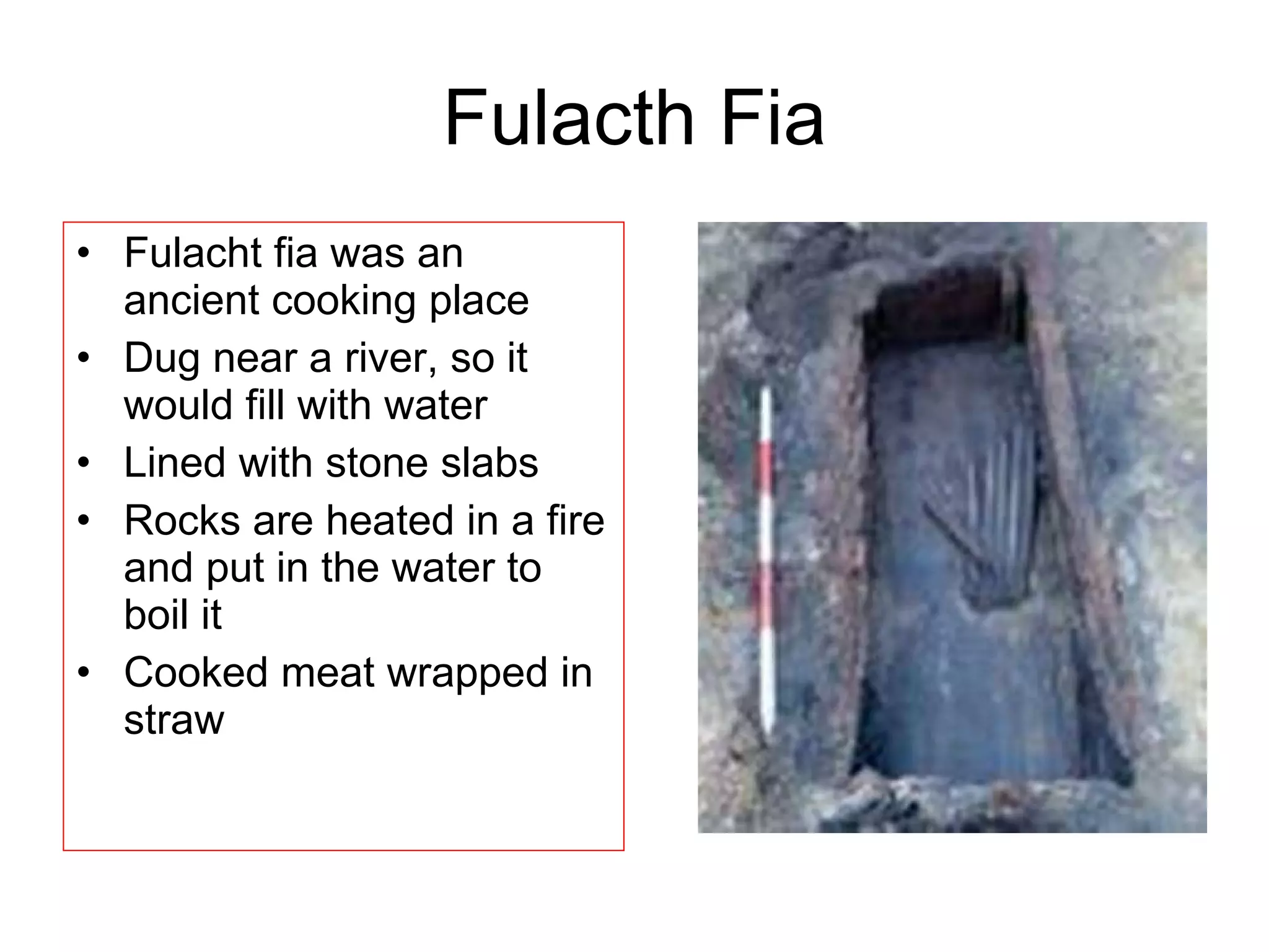 Fulacth Fia Fulacht fia was an ancient cooking place Dug near a river, so it would fill with water Lined with stone slabs Rocks are heated in a fire and put in the water to boil it Cooked meat wrapped in straw 