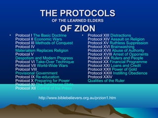 THE PROTOCOLSTHE PROTOCOLS
OF THE LEARNED ELDERSOF THE LEARNED ELDERS
OF ZIONOF ZION
• Protocol I The Basic Doctrine
Protocol II Economic Wars
Protocol III Methods of Conquest
Protocol IV
Materialism Replaces Religion
Protocol V
Despotism and Modern Progress
Protocol VI Take-Over Technique
Protocol VII World-Wide Wars
Protocol VIII
Provisional Government
Protocol IX Re-education
Protocol X Preparing for Power
Protocol XI The Totalitarian State
Protocol XII Control of the Press
• Protocol XIII Distractions
Protocol XIV Assault on Religion
Protocol XV Ruthless Suppression
Protocol XVI Brainwashing
Protocol XVII Abuse of Authority
Protocol XVIII Arrest of Opponents
Protocol XIX Rulers and People
Protocol XX Financial Programme
Protocol XXI Loans and Credit
Protocol XXII Power of Gold
Protocol XXIII Instilling Obedience
Protocol XXIV
Qualities of the Ruler
http://www.biblebelievers.org.au/przion1.htm
 