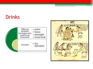 Drinks

        Different     •   maize
        alcoholic     •   honey
     beverages were
       made from      •   pineapple
       fermented:     •   cactus fruit


         Xocolatl
                      • Yes,
                        chocolate!
 