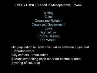 EVERYTHING Started in Mesopotamia!!! Wow!
Writing
Cities
Organized Religion
Organized Government
Laws
Agriculture
Bronze Casting
The Wheel!
•Big population in fertile river valley between Tigris and
Euphrates rivers
•City centers, urbanization
•Groups overtaking each other for control of area
(layering of cultures)
 