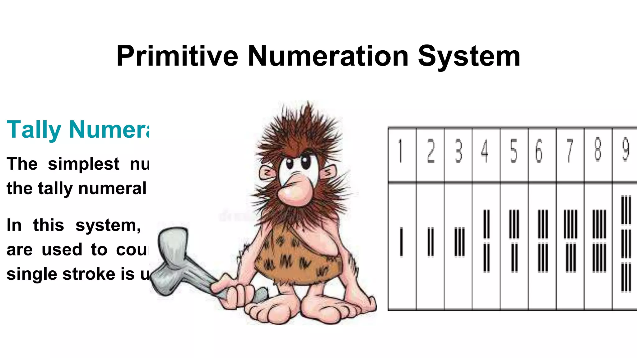 Primitive Numeration System
Tally Numeral System
The simplest numeral system is called
the tally numeral system.
In this system, strokes (straight lines)
are used to count the objects, and one
single stroke is used for each object.
 