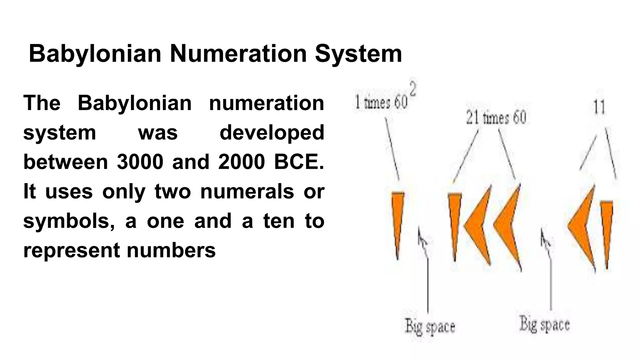 Babylonian Numeration System
The Babylonian numeration
system was developed
between 3000 and 2000 BCE.
It uses only two numerals or
symbols, a one and a ten to
represent numbers
 