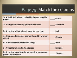 Page 79: Match the columns
1- A Vehicle 2 wheels pulled by horses, used in
                                                   _____Turban
battles

2- A long robe used by japonese women              _____ Rickshaw


3- A vehicle with 4 wheels used for carrying       _____ Sari

4- A long cottom outer garment used by women
                                                   _____ Chariot
of india

5- A musical instrument with strings               _____ Harp

6- A traditional muslm headdress                   _____ Kimono

7- A vehicle used in Asia for carrying passenger
                                                   ______ Wagon
pulled by someone
 