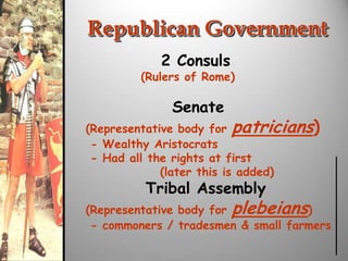 Republican Government
2 Consuls

(Rulers of Rome)

Senate

(Representative body for patricians)
- Wealthy Aristocrats
- Had all the rights at first
(later this is added)

Tribal Assembly

(Representative body for plebeians)
- commoners / tradesmen & small farmers

 