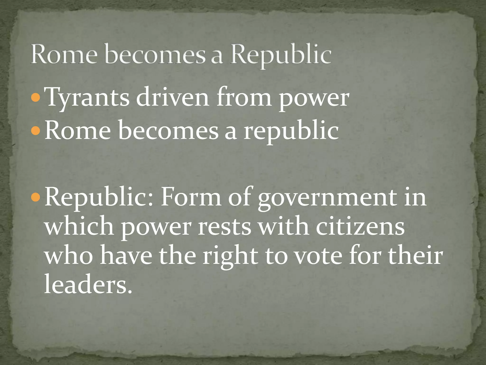Founding of Rome Settled in the Southern portion of Italy and in SicilySettled in Northen ItalySettled in the Tiber River Valley