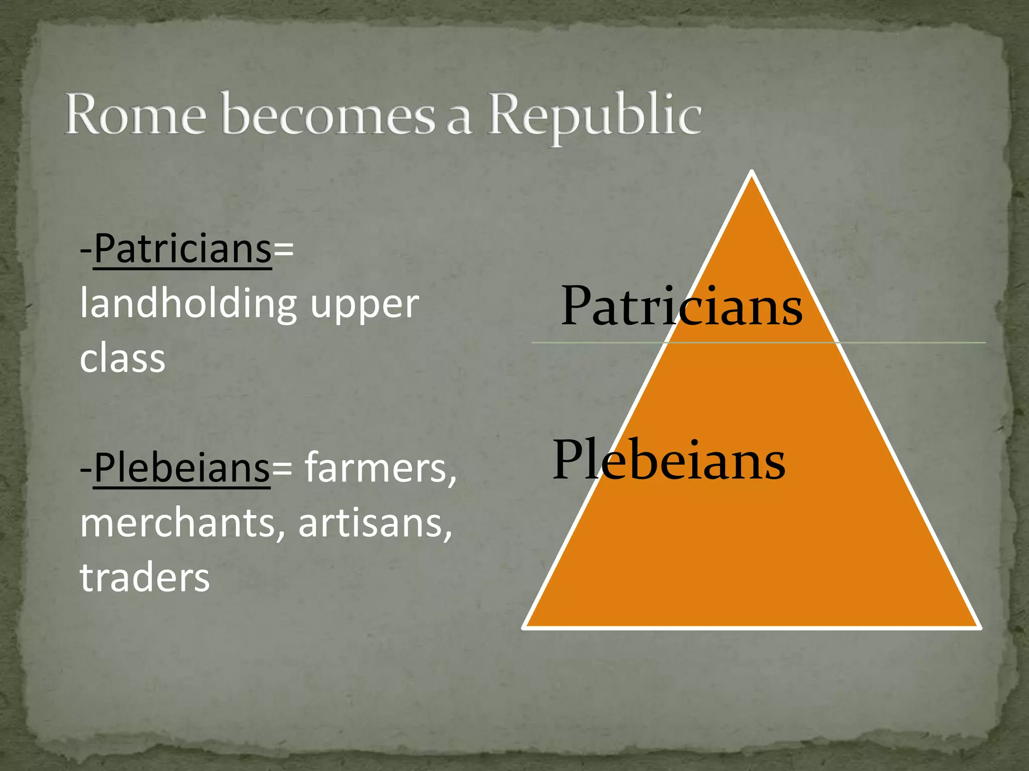 Tyrants driven from powerRome becomes a republicRepublic: Form of government in which power rests with citizens who have the right to vote for their leaders.  Rome becomes a Republic 