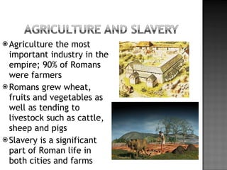 Agriculture the most important industry in the empire; 90% of Romans were farmers Romans grew wheat, fruits and vegetables as well as tending to livestock such as cattle, sheep and pigs Slavery is a significant part of Roman life in both cities and farms 