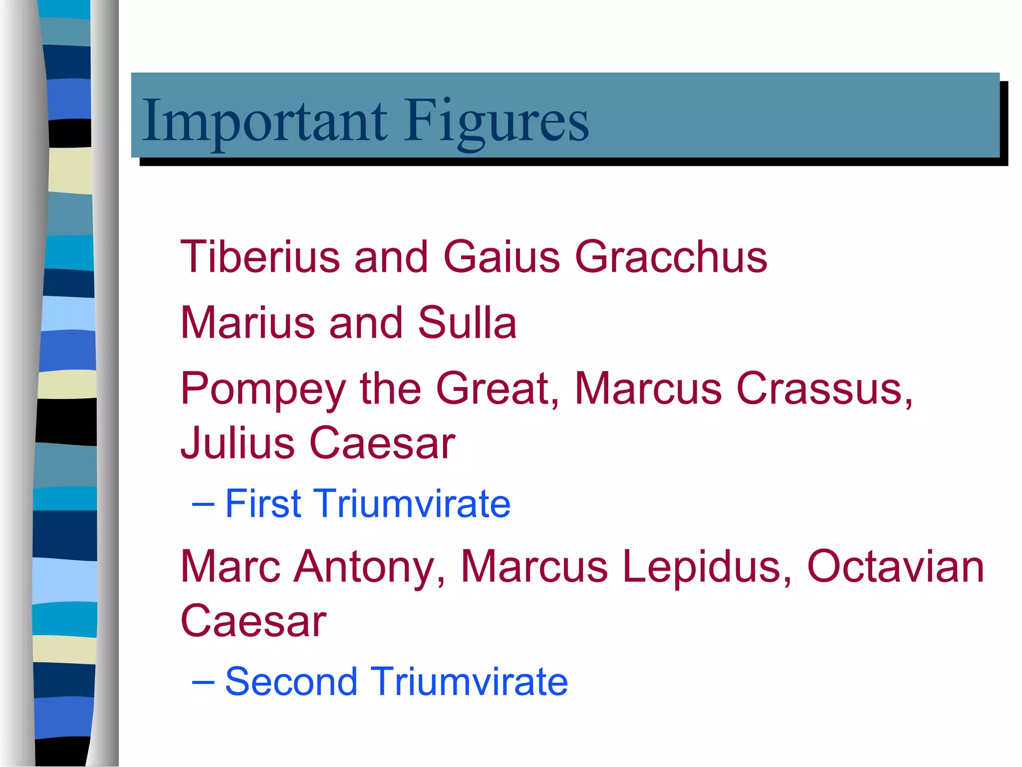 Important Figures
Important Figures
 Tiberius and Gaius Gracchus
 Marius and Sulla
 Pompey the Great, Marcus Crassus,
 Julius Caesar
 – First Triumvirate
 Marc Antony, Marcus Lepidus, Octavian
 Caesar
 – Second Triumvirate
 