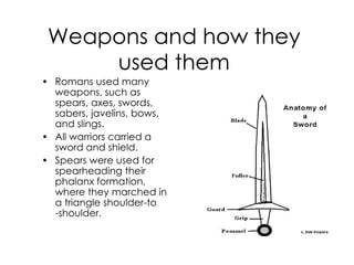 Weapons and how they used them Romans used many weapons, such as spears, axes, swords, sabers, javelins, bows, and slings. All warriors carried a sword and shield. Spears were used for spearheading their phalanx formation, where they marched in a triangle shoulder-to -shoulder. 