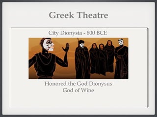 Greek Theatre
City Dionysia - 600 BCE

Honored the God Dionysus
God of Wine

 