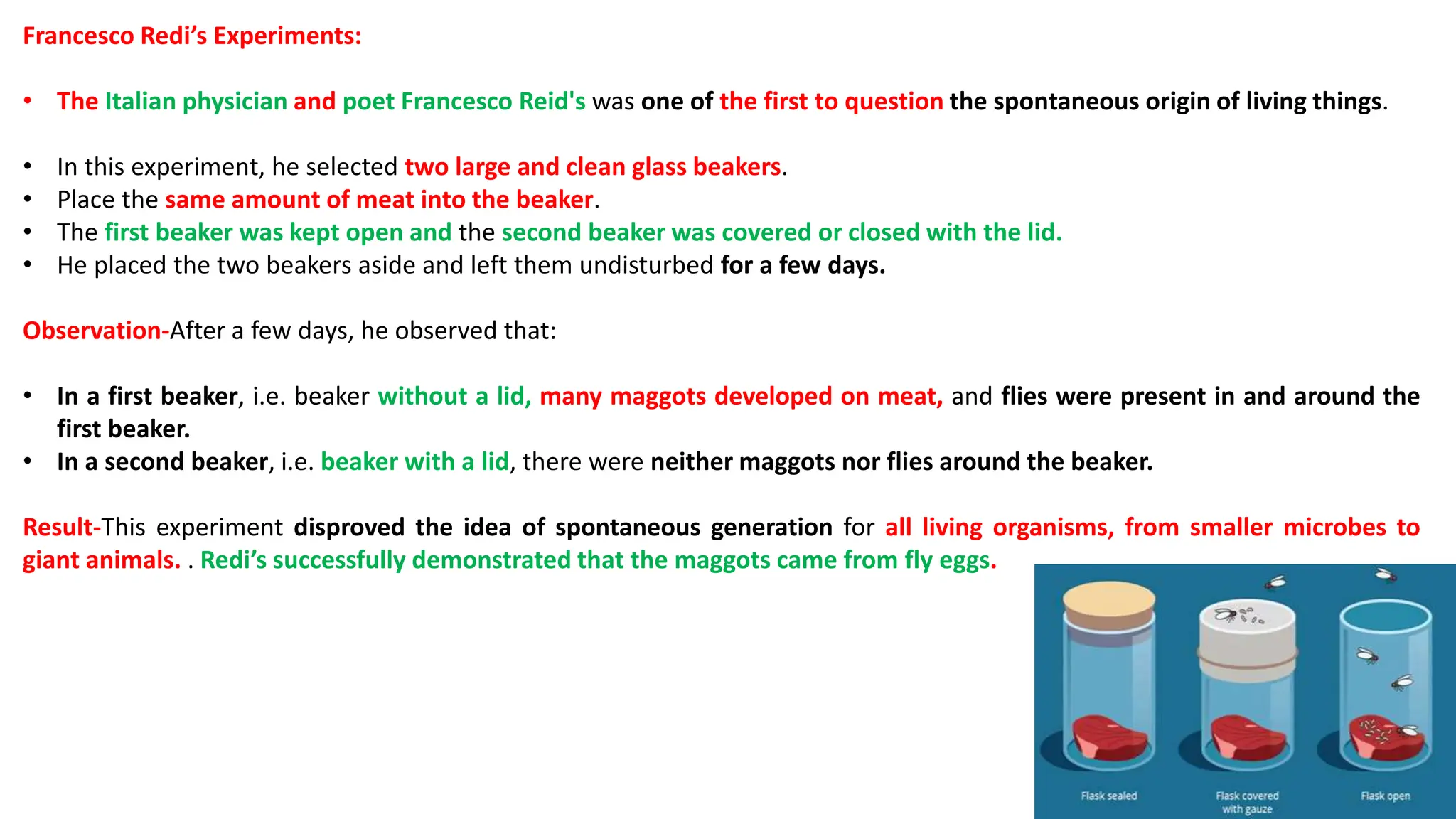 Francesco Redi’s Experiments:
• The Italian physician and poet Francesco Reid's was one of the first to question the spontaneous origin of living things.
• In this experiment, he selected two large and clean glass beakers.
• Place the same amount of meat into the beaker.
• The first beaker was kept open and the second beaker was covered or closed with the lid.
• He placed the two beakers aside and left them undisturbed for a few days.
Observation-After a few days, he observed that:
• In a first beaker, i.e. beaker without a lid, many maggots developed on meat, and flies were present in and around the
first beaker.
• In a second beaker, i.e. beaker with a lid, there were neither maggots nor flies around the beaker.
Result-This experiment disproved the idea of spontaneous generation for all living organisms, from smaller microbes to
giant animals. . Redi’s successfully demonstrated that the maggots came from fly eggs.
 