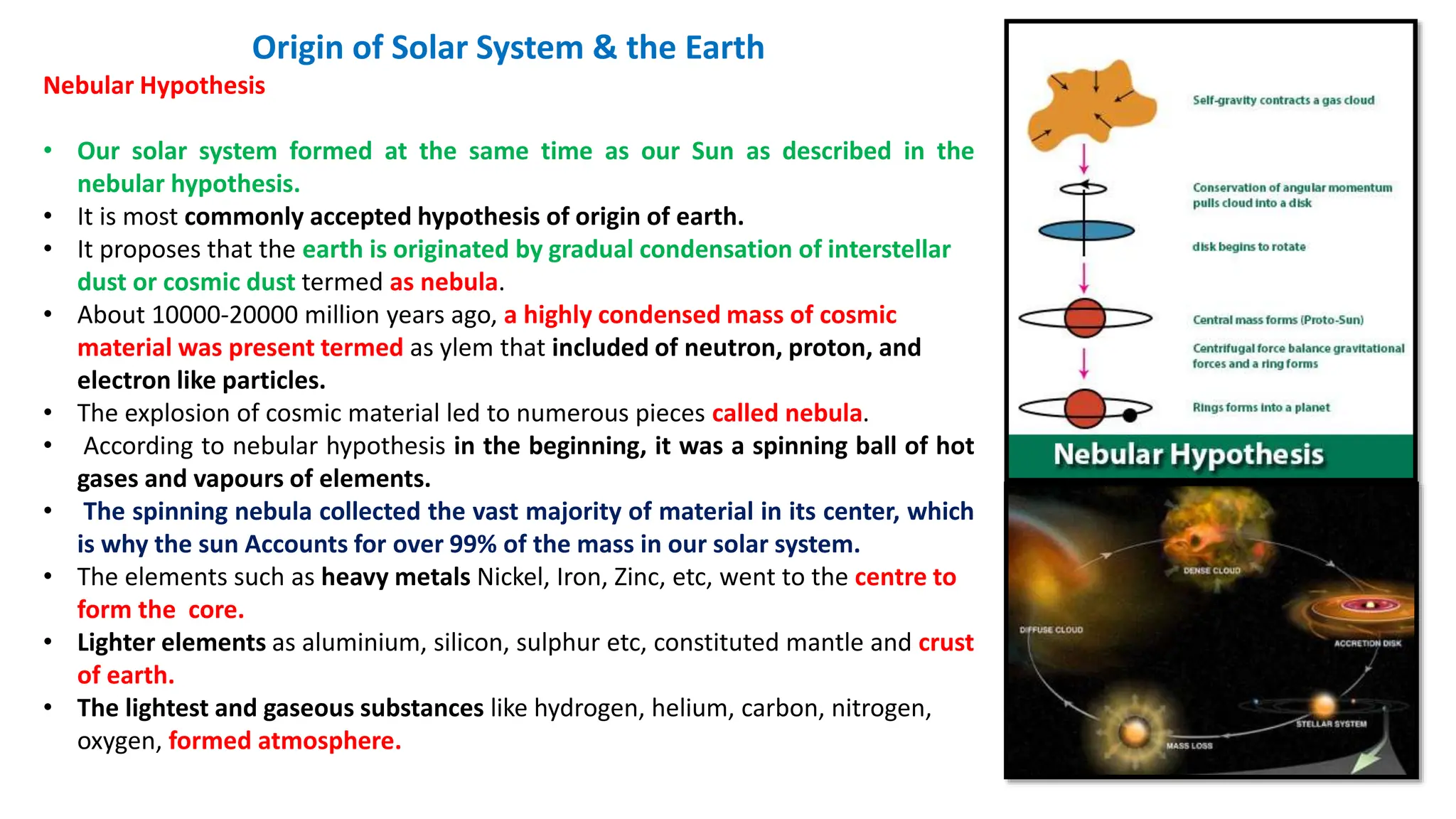 Origin of Solar System & the Earth
Nebular Hypothesis
• Our solar system formed at the same time as our Sun as described in the
nebular hypothesis.
• It is most commonly accepted hypothesis of origin of earth.
• It proposes that the earth is originated by gradual condensation of interstellar
dust or cosmic dust termed as nebula.
• About 10000-20000 million years ago, a highly condensed mass of cosmic
material was present termed as ylem that included of neutron, proton, and
electron like particles.
• The explosion of cosmic material led to numerous pieces called nebula.
• According to nebular hypothesis in the beginning, it was a spinning ball of hot
gases and vapours of elements.
• The spinning nebula collected the vast majority of material in its center, which
is why the sun Accounts for over 99% of the mass in our solar system.
• The elements such as heavy metals Nickel, Iron, Zinc, etc, went to the centre to
form the core.
• Lighter elements as aluminium, silicon, sulphur etc, constituted mantle and crust
of earth.
• The lightest and gaseous substances like hydrogen, helium, carbon, nitrogen,
oxygen, formed atmosphere.
 