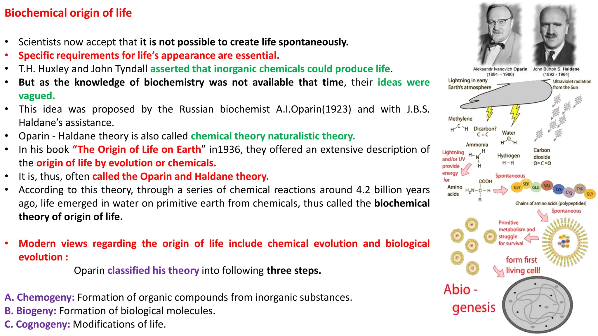 Biochemical origin of life
• Scientists now accept that it is not possible to create life spontaneously.
• Specific requirements for life’s appearance are essential.
• T.H. Huxley and John Tyndall asserted that inorganic chemicals could produce life.
• But as the knowledge of biochemistry was not available that time, their ideas were
vagued.
• This idea was proposed by the Russian biochemist A.I.Oparin(1923) and with J.B.S.
Haldane’s assistance.
• Oparin - Haldane theory is also called chemical theory naturalistic theory.
• In his book “The Origin of Life on Earth” in1936, they offered an extensive description of
the origin of life by evolution or chemicals.
• It is, thus, often called the Oparin and Haldane theory.
• According to this theory, through a series of chemical reactions around 4.2 billion years
ago, life emerged in water on primitive earth from chemicals, thus called the biochemical
theory of origin of life.
• Modern views regarding the origin of life include chemical evolution and biological
evolution :
Oparin classified his theory into following three steps.
A. Chemogeny: Formation of organic compounds from inorganic substances.
B. Biogeny: Formation of biological molecules.
C. Cognogeny: Modifications of life.
 