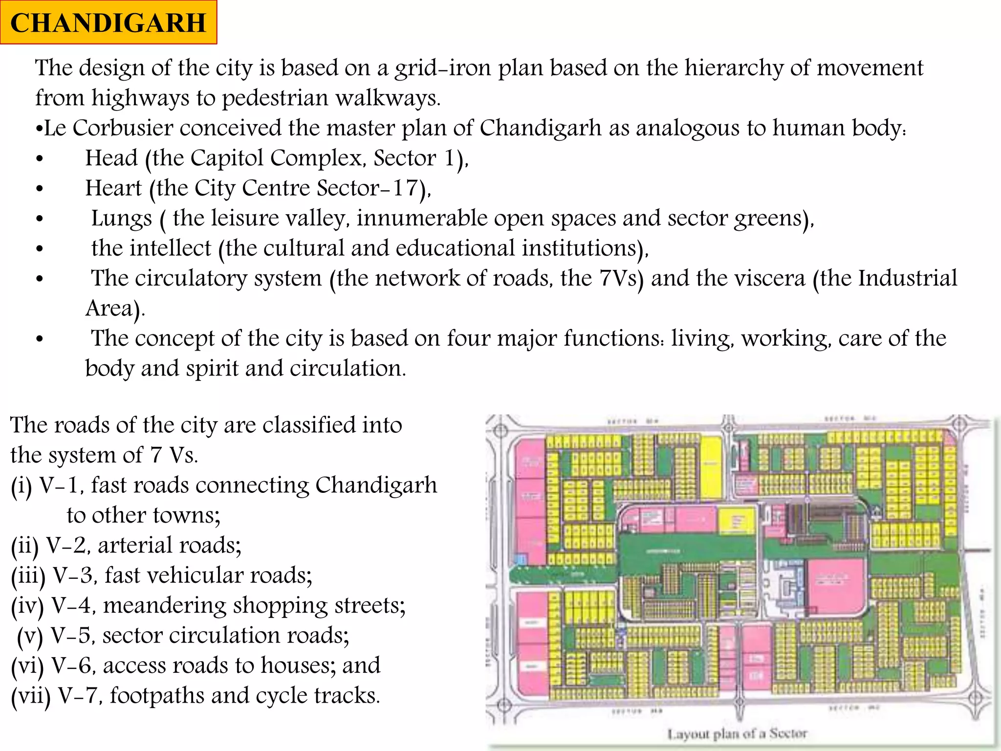 The design of the city is based on a grid-iron plan based on the hierarchy of movement
from highways to pedestrian walkways.
•Le Corbusier conceived the master plan of Chandigarh as analogous to human body:
• Head (the Capitol Complex, Sector 1),
• Heart (the City Centre Sector-17),
• Lungs ( the leisure valley, innumerable open spaces and sector greens),
• the intellect (the cultural and educational institutions),
• The circulatory system (the network of roads, the 7Vs) and the viscera (the Industrial
Area).
• The concept of the city is based on four major functions: living, working, care of the
body and spirit and circulation.
The roads of the city are classified into
the system of 7 Vs.
(i) V-1, fast roads connecting Chandigarh
to other towns;
(ii) V-2, arterial roads;
(iii) V-3, fast vehicular roads;
(iv) V-4, meandering shopping streets;
(v) V-5, sector circulation roads;
(vi) V-6, access roads to houses; and
(vii) V-7, footpaths and cycle tracks.
CHANDIGARH
 