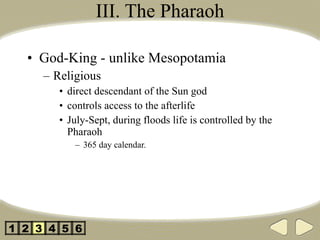 III. The Pharaoh God-King - unlike Mesopotamia Religious direct descendant of the Sun god controls access to the afterlife July-Sept, during floods life is controlled by the Pharaoh 365 day calendar. 2 3 4 5 1 6 