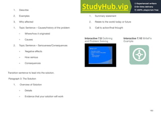 1. Describe
2. Examples
3. Who aﬀected
1. Topic Sentence – Causes/history of the problem
• Where/how it originated
• Causes
2. Topic Sentence – Seriousness/Consequences
• Negative eﬀects
• How serious
• Consequences
Transition sentence to lead into the solution.
Paragraph 3: The Solution
1. Overview of Solution
• Details
• Evidence that your solution will work
Paragraph 4: Conclusion
1. Summary statement
2. Relate to the world today or future
3. Call to action/ﬁnal thought
Interactive 7.9 Outlining Interactive 7.10 WriteFix
and Problem Solving Example
183
 