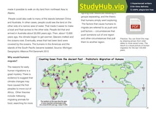 made it possible to walk on dry land from northeast Asia to
Alaska.
People could also walk to many of the islands between China
and Australia. In other cases, people could see the land on the
other side of a narrow area of water. That made it easier to make
a boat and ﬂoat across to the other side. People did that and
arrived in Australia about 50,000 years ago. Then, about 13,000
years ago, the climate began to get warmer. Glaciers melted and
the oceans rose. Eventually, areas that had been land were
covered by the oceans. The humans in the Americas and the
islands of the South Paciﬁc became isolated. Source: Michigan
Geographic Alliance Phil Gersmehl 2015
Why would humans
migrate?
The reasons for early
human migrations is a
great mystery. There is
evidence to suggest that
climate changes may
have caused the ﬁrst
peoples to move out of
Africa. Other theories
include: following
migrating animals for
food, searching for more
Interactive 2.6
resources (food, water, shelter),
ﬁghting over resources resulting in
groups separating, and the theory
that humans simply went exploring.
The factors that cause humans to
migrate are referred to as push and
pull factors -- circumstances that
push someone out of one region
and other circumstances that pull
them to another region.
Practice: You can ﬁnish this map
by drawing arrows from older
dates to more recent ones. The
result is a visual picture of human
migration for the last 130,000
years.
30
 