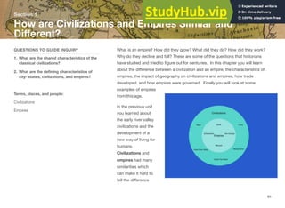 What is an empire? How did they grow? What did they do? How did they work?
Why do they decline and fall? These are some of the questions that historians
have studied and tried to figure out for centuries. In this chapter you will learn
about the diﬀerence between a civilization and an empire, the characteristics of
empires, the impact of geography on civilizations and empires, how trade
developed, and how empires were governed. Finally you will look at some
examples of empires
from this age.
In the previous unit
you learned about
the early river valley
civilizations and the
development of a
new way of living for
humans.
Civilizations and
empires had many
similarities which
can make it hard to
tell the diﬀerence
Section 1
QUESTIONS TO GUIDE INQUIRY
1. What are the shared characteristics of the
classical civilizations?
2. What are the defining characteristics of
city- states, civilizations, and empires?
Terms, places, and people:
Civilizations
Empires
How are Civilizations and Empires Similar and
Diﬀerent?
85
 