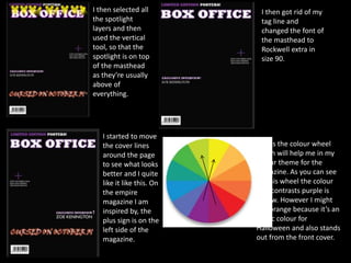 I then selected all
the spotlight
layers and then
used the vertical
tool, so that the
spotlight is on top
of the masthead
as they’re usually
above of
everything.
I then got rid of my
tag line and
changed the font of
the masthead to
Rockwell extra in
size 90.
I started to move
the cover lines
around the page
to see what looks
better and I quite
like it like this. On
the empire
magazine I am
inspired by, the
plus sign is on the
left side of the
magazine.
This is the colour wheel
which will help me in my
colour theme for the
magazine. As you can see
on this wheel the colour
that contrasts purple is
yellow. However I might
use orange because it’s an
iconic colour for
Halloween and also stands
out from the front cover.
 