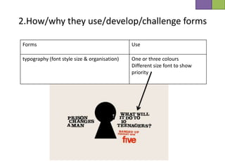 2.How/why they use/develop/challenge forms

Forms                                         Use

typography (font style size & organisation)   One or three colours
                                              Different size font to show
                                              priority
 