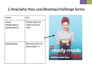 2.How/why they use/develop/challenge forms
Forms           Use
visual          Simple layout to
design/layout   make it easy to
(composition)   read




photography     Minimal colour to
                draw reader in
 
