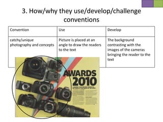 3. How/why they use/develop/challenge
                   conventions
Convention                 Use                         Develop

catchy/unique              Picture is placed at an     The background
photography and concepts   angle to draw the readers   contrasting with the
                           to the text                 images of the cameras
                                                       bringing the reader to the
                                                       text
 