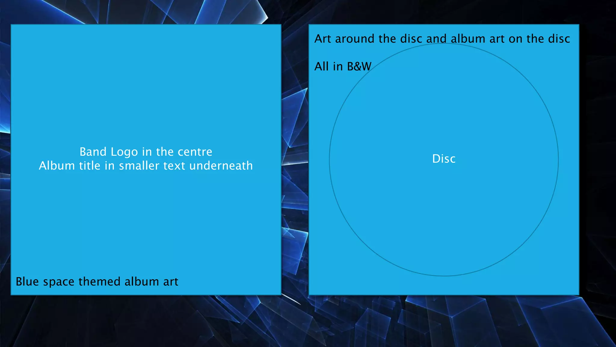 Band Logo in the centre
Album title in smaller text underneath
Blue space themed album art
Disc
Art around the disc and album art on the disc
All in B&W