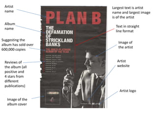 Artist
name
Album
name
Suggesting the
album has sold over
600,000 copies
Reviews of
the album (all
positive and
4 stars from
different
publications)
Image of the
album cover
Image of
the artist
Artist
website
Artist logo
Text in straight
line format
Largest text is artist
name and largest image
is of the artist
 