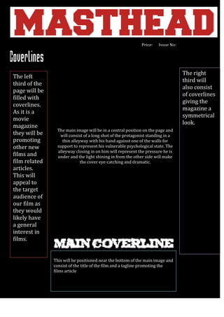 Price:

The left
third of the
page will be
filled with
coverlines.
As it is a
movie
magazine
they will be
promoting
other new
films and
film related
articles.
This will
appeal to
the target
audience of
our film as
they would
likely have
a general
interest in
films.

Issue No:

The right
third will
also consist
of coverlines
giving the
magazine a
symmetrical
look.
The main image will be in a central position on the page and
will consist of a long shot of the protagonist standing in a
thin alleyway with his hand against one of the walls for
support to represent his vulnerable psychological state. The
alleyway closing in on him will represent the pressure he is
under and the light shining in from the other side will make
the cover eye-catching and dramatic.

This will be positioned near the bottom of the main image and
consist of the title of the film and a tagline promoting the
films article

Tagline consisting of promotional offers.

 