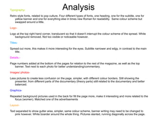 Relevant photos, slightly unbalanced (i.e. too many about anime con.), the audience will be able to identify what the content might be about. Pictures have borders to make them stand out a little + slanted. Showing the presenter. 