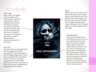 AnalysisMain Image:
Main image is the biggest
and only image on the
poster and is a close up of
a woman face. A lot of
editing has been done to
this photo to make her
face look like a skull, the
sunken eyes which could
be seen as shadows also
cast a look of a skull on
the woman. The shards of
glass seem to create a
broken look and
separates the skull from
the human.
Main Title:
The title is the next noticeable thing
after the image as it has been
manipulated to have a glow against
the dark foggy background to make it
stand out and connect the image to
the title. The title is seemingly
recognisable as it is the last film
within a series of them so by now the
films will have been established and
recognisable to the audience.
Tagline:
‘Rest in pieces’ this is a pun on the
well-known phrase ‘Rest In Peace’
which as seen below connects this
tagline and the main image as the
woman is part skull and therefore
dead. The glass is broken and in
‘pieces’ although and so this play on
words is seemingly appropriate for
this image.
Subheading/Title:
The title at the bottom is the
next thing that stands out as it is
the only coloured text on the
poster. This text is in red and
states ‘August’ which is the
release month of the film. This
has to be eye-catching as the
release date is something that
the poster needs to imprint in
the audiences mind. This date is
the main purpose of the poster,
along with attracting the
audience in the first place the
date is something the audience
should come away with.
 