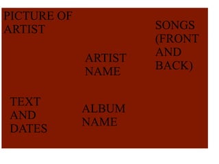 PICTURE OF 
ARTIST 
ARTIST 
NAME 
ALBUM 
NAME 
TEXT 
AND 
DATES 
SONGS 
(FRONT 
AND 
BACK) 
