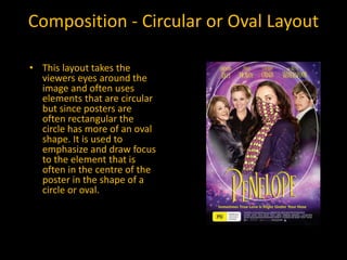 Composition - Circular or Oval Layout
• This layout takes the
viewers eyes around the
image and often uses
elements that are circular
but since posters are
often rectangular the
circle has more of an oval
shape. It is used to
emphasize and draw focus
to the element that is
often in the centre of the
poster in the shape of a
circle or oval.
 