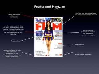 Professional Magazine
                                                                    Main mast head. Bold and the biggest
          Website, issue number                                   text on the screen to make it stand out.
            and date is very
             conventional.




  Long shot of a provocatively dress
 girl who is in the main article of the
 magazine. Her hand is bleeding which
 makes people want to read more as                                               Lots of coverlines
  they want to know why her hand                                             to show to the audience
              is bleeding.                                                       that there is a lot
                                                                            of articles in the magazine.



                More coverlines

                                                                  More coverlines



 Main article pull quote, to make
          the reader want
      to read more and also
                                                                  Barcode and logo of company.
a brief introduction to the article,
      which is conventional.
 