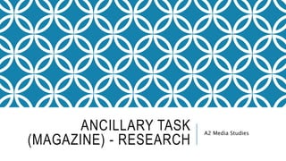 ANCILLARY TASK
(MAGAZINE) - RESEARCH
A2 Media Studies
 