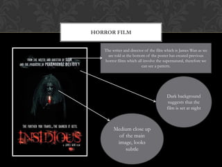 HORROR FILM


   The writer and director of the film which is James Wan as we
    are told at the bottom of the poster has created previous
   horror films which all involve the supernatural, therefore we
                         can see a pattern.




                                       Dark background
                                        suggests that the
                                       film is set at night



        Medium close up
          of the main
         image, looks
             subtle
 