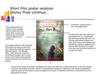 Short Film poster analysis
Disney Pixar continue…
Production company at the
top- main selling point
The title of the short film has a more
appropriate font to it. It goes well
with the theme of the short film. The
musical instruments enhance the
story of the short and emphasis that
something is going to happen to the
man but also showing him to play
more than one instrument going with
the idea of a band.
The image shows the main character
of the short but does not show her
face making the audience question
what will happen. The title says
‘Man’, which gives the audience
something to question as it is a girl
shown in the image making people
wonder what part she is going to be
playing.
The background to the
poster is more complex
than the other two Pixar
poster films. It shows the
setting to the short which
makes it different and
stands out.
This short film poster does have one difference to it than the other two, it shows the names of the main people
involved in the making of the film. Which is a good thing to include as it might show the names of people that
could be known to the audience and encourage them to watch it. However, since this is a short film it is not as
appropriate to include.
 
