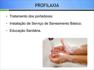 !

PROFILAXIA 

"

Tratamento dos portadores;

"

Instalação de Serviço de Saneamento Básico;

"

Educação Sanitária.

 