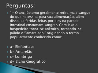  1- O ancilóstomo geralmente retira mais sangue
do que necessita para sua alimentação, além
disso, as feridas feitas por eles na parede
intestinal costumam sangrar. Com isso o
hospedeiro torna-se anêmico, tornando-se
pálido e ‘’amarelado’’ originando o termo
popularmente conhecido como:
 a- Elefantíase
 b- Amarelão
 c- Lombriga
 d- Bicho Geográfico
 